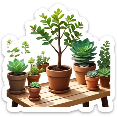 Close-up of a potted sapling in rich soil surrounded by vibrant plants and succulents. Bright sunlight filters through the window, casting soft shadows. Nearby gardening tools rest on a wooden table. Cozy indoor atmosphere with greenery and flowers. sticker