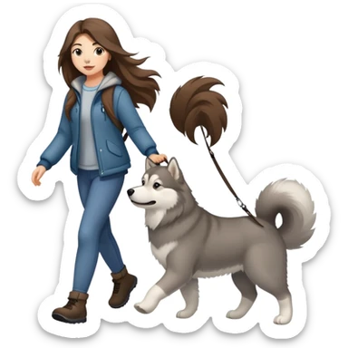 A girl with long brown hair walks a gray Alaskan sticker