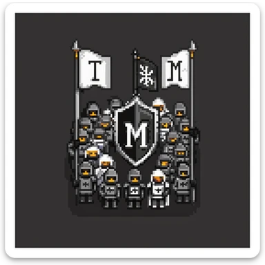 crowd of black knights with a black flag with letter M sticker