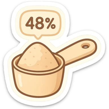 measuring spoon filled with protein to 48 percent sticker