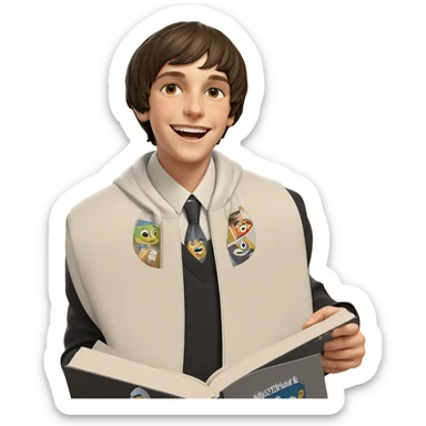 smiling boy with book jacket sticker