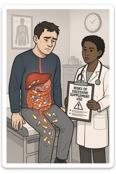 a man sits on a doctor’s examination table, looking fatigued and uncomfortable. A transparent anatomical overlay reveals his liver and intestines, both appearing inflamed and congested, with stylized supplement capsules and pills scattered throughout the digestive tract. The doctor stands nearby, holding a chart that highlights the risks of excessive supplement use. The mood is clinical and educational. sticker