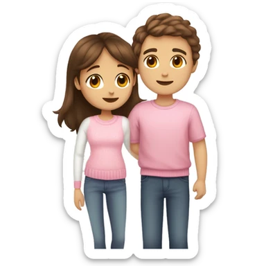 a boy with brown hair kisses a girl with brown hair and white bangs on the cheek, the girl is wearing a pink sweater and the boy is wearing a white T-shirt sticker