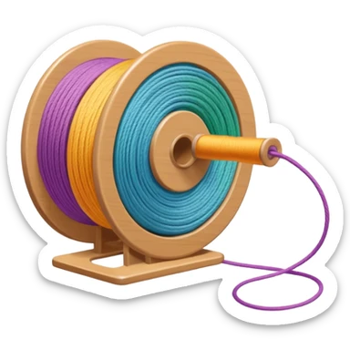 showing a hand neatly winding thread around a spool, yarn reel, or cable roll — showing the action of wrapping or coiling something around — smooth motion lines indicating circular movement, clean colorful emoji-style design sticker