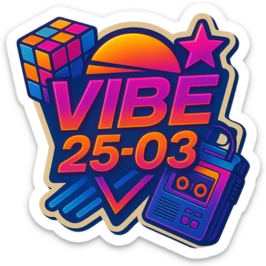 Add a Rubik's cube and a cassette player to this 80's retro VIBE25-03 logo, keeping the neon synthwave style and vibrant colors, with no background. Maintain the vibrant neon synthwave aesthetic and retro vibe. sticker