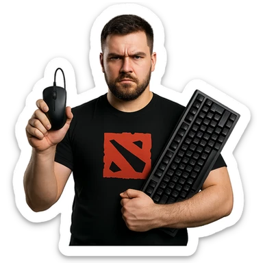 A tough-looking Dota 2 player with a serious expression, holding a mouse and keyboard sticker