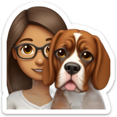 indian girl with long hair in specs with french mastiff on her lap sticker