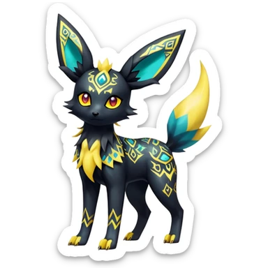 Shiny Exotic Badass Colorful Ethereal Royal Mysterious Gothic Umbreon-Jolteon-Pokémon-Fakémon-hybrid-creature (full body) with pattern-markings sticker