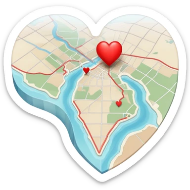 Folded cartographic map with pale ethereal colors, featuring red heart markers and various colored symbols indicating different emotional experiences, topographic lines sticker