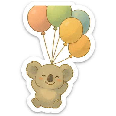 koala floating with pastel balloons, happy face, soft Ghibli style sticker