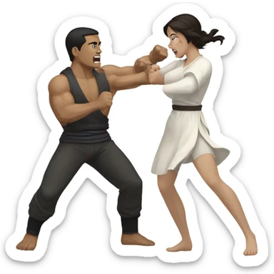 A pale half Asian man with short dark hair fighting a white woman with long wavy brunette hair sticker