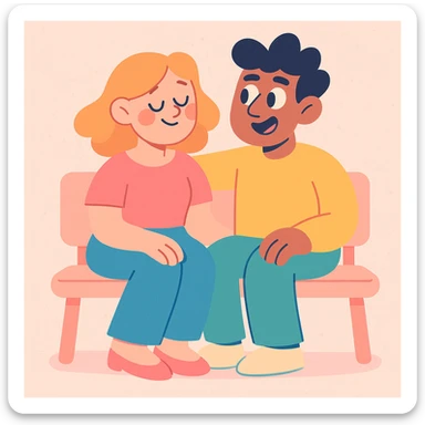 a couple sitting together on a bench, soft pastel style sticker