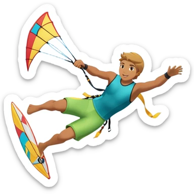 A kite surfer soaring above the waves, holding onto a kite with the wind in full force. The background showcases the ocean and sky, emphasizing the freedom, thrill, and energy of the sport. The motion of the kite and board is dynamic, capturing the excitement of kiting. sticker