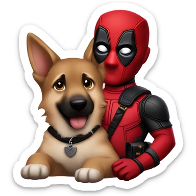 Deadpool holding a German shepherd puppy sticker
