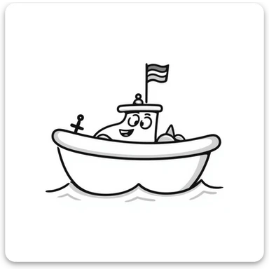 A hand-drawn bath toy boat with a silly grinning face and little flag sticker