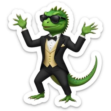 capitalist iguana banker in tuxedo and black sunglasses dancing sticker