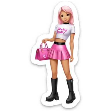 Mini latex skirt and boots and short top with pink inscription “Baby  🕳️” sticker