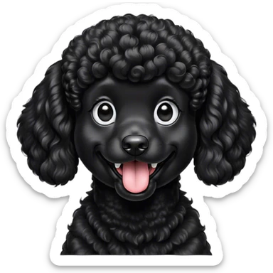 Cinematic Comical Black Poodle Portrait Emoji, Head tilted dramatically with an exaggeratedly amused expression, featuring a glossy, curly jet-black Fur with a lively bounce, wide, expressive dark eyes filled with playful disbelief, Simplified yet hilariously expressive features, highly detailed, glowing with a slightly sassy glow, high shine, dramatic yet playful, stylized with an air of cheeky mischief, bright and endearing, soft glowing outline, capturing the essence of a spirited and over-the-top companion, so meme-worthy it feels like it could side-eye its way into internet fame instantly! sticker