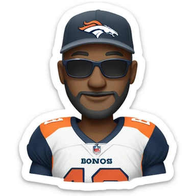 Bald black guy dark grey long beard wearing Denver broncos cap and Jersey and sunglasses  sticker