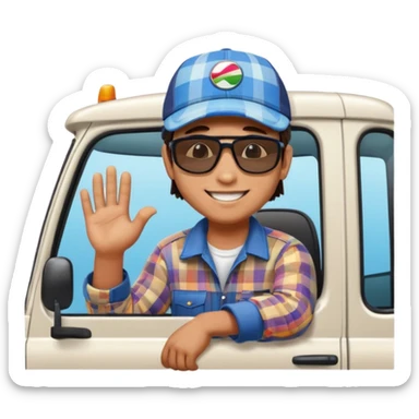 Cute emoji style illustration of a Peruvian truck driver, smiling young “chofercito carretero”, wearing baseball cap, sunglasses, plaid shirt, leaning out of a Hino 500 truck window, vibrant colors, bold outlines, glossy 3D emoji style, sticker design, transparent background sticker