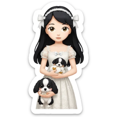 Pastel anime lady long hair with long lace dress full body holding puppy sticker