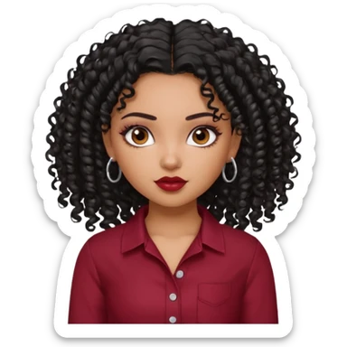 a pretty bratz dusky girl with curly black hair, kajal under eyes, small silver hoop. dark red full sleeve sticker