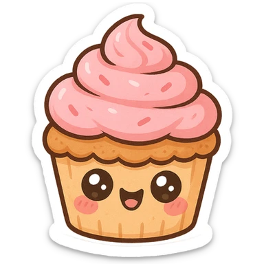 a cute pink cupcake with a smiley face, original design, big eyes, blushing cheeks, joyful sticker