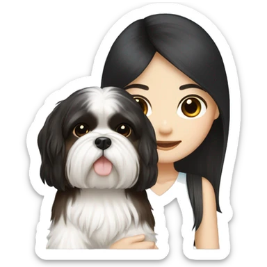 long black hair korean girl with white and brown shih tzu sticker