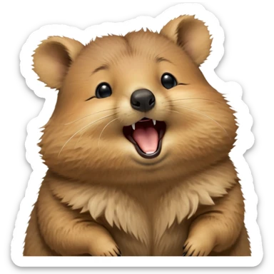 cinematic-realistic  yawning quokka-emoji,-small-round-frame, head tilted in an endearing manner, wouth wide open yawning, sleepy comical smile, round cheeks, giant-fluffy-cheeks-large-smile-fluffy-brown-fur-radiating-a-warm-softness,-big-round-eyes-filled-with-joy, realistic round  fluffy zoomed in, large black eyes one paw raised in the air sticker