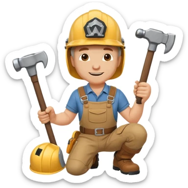 an happy white man with helmet kneeling and knocking with a hammer sticker