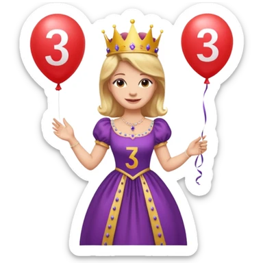 queen wearing dress, holding balloon in shape of number 3 sticker