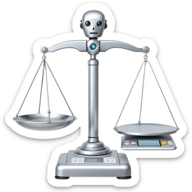 balance scale with one side a robot head representing Hybrid AI and the other side a document or code symbol representing Scripted, clear and simple, no text sticker