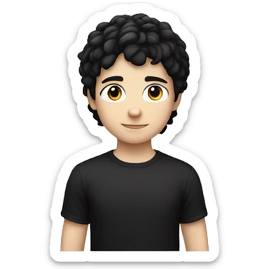 A white-skinned boy with black hair and a black T-shirt sticker