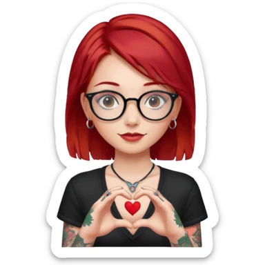 Beautiful girl, with glasses, red hair, tall, slim, with tattoos and small piercing, showing heart with hands sticker