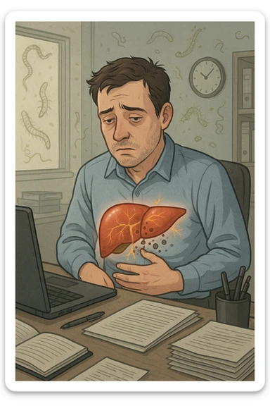 Man sitting at office desk experiencing subtle symptoms of liver dysfunction, upper abdominal pain, nausea, and unexplained fatigue Parasites: Types, Symptoms, Treatment & Prevention, expression of confusion about vague health issues, liver shown in transparent overlay with early inflammation, toxins beginning to accumulate in bloodstream, productivity declining as liver struggles to filter properly sticker