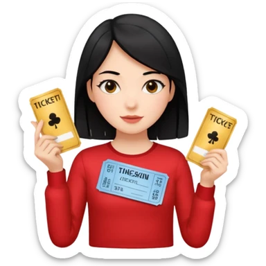 A girl with a bunch of black hair, wearing a red long-sleeved shirt and holding theater tickets sticker