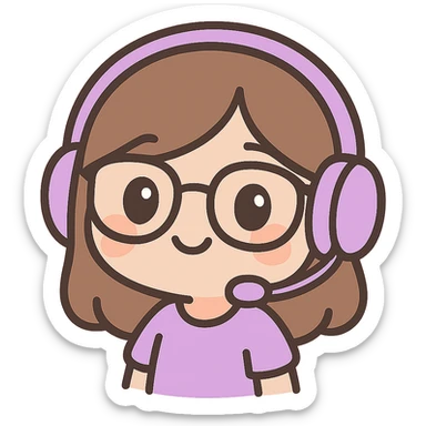 chibi style female brunette with glasses and a purple gaming headset, happy facial expression sticker