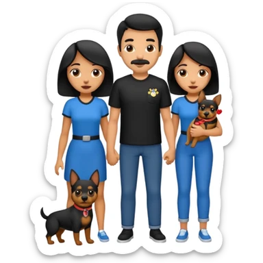 Pareja hombre y mujer, pelo negro ambos, y con dos perritos pincher en sus brazos sticker