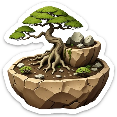 Aged Roots Stoneware akadama moss on soil irregular angular Stone Age rocks cracked crags and broken rough edges forming a very shallow Yixing bonsai pot sans(without) tree  sticker
