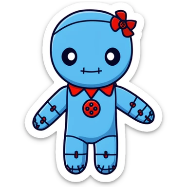 A Carolina blue voodoo doll with red stitching and buttons for eyes, with several pins stuck in it sticker