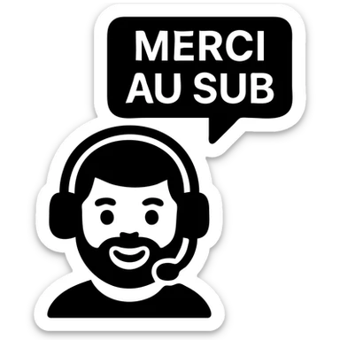 A smiling person with black hair, brown eyes, and a black beard wearing a gaming headset saying "merci au SUB" sticker