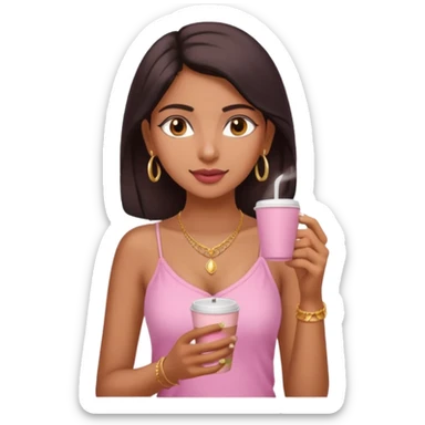 a pretty fair indian bratz girl with a pink cami top, drinking takeaway coffee, golden dainty necklace sticker
