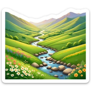 Cinematic Realistic Valley Emoji, Lush and serene, with gently sloping hills surrounding a vibrant green valley filled with wildflowers and a small stream. The soft, golden sunlight filters through the valley, casting peaceful, warm shadows across the landscape. Soft glowing outline, capturing the essence of natural peace and gentle beauty in a sprawling valley. sticker