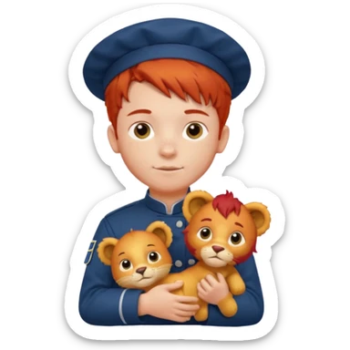 boy kid italian chef, red haired, uniform, holding plush lion sticker