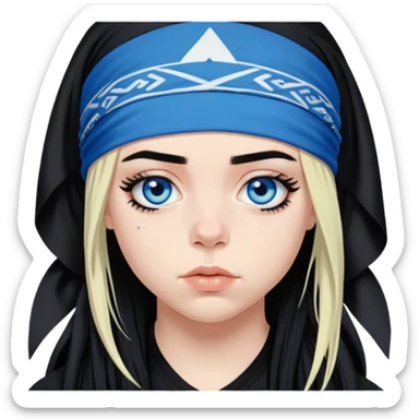 billie eilish blue eyes long black hair dark eyeliner makeup, wearing head bandana sticker