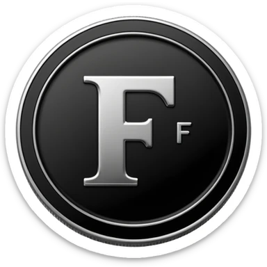Emoji icon of a black coin with engraved letter F, minimalist style, isolated, no color sticker