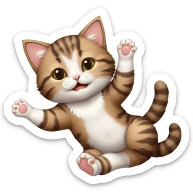 dark brown tabby and white kitten with his eyes closed whilst in funny positions stretched out and  upside down sticker