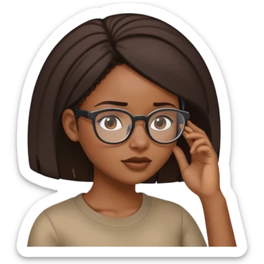 A black girl with clear glasses tapping her head with her head turned to the lefte sticker