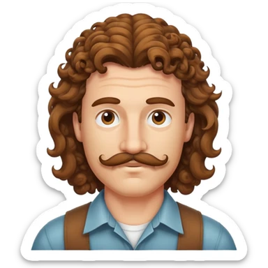 Curly brown mullet with a mustache sticker