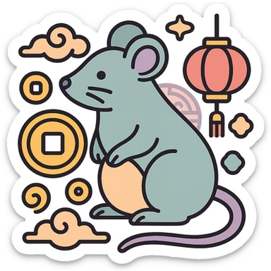 rat, symbol of the year in feng shui, Chinese style, thin clean outlines, soft rounded shapes, pastel palette #98B5BC, #B5B3C1, #C9A3C9, #E4C0CA, #F7DCD1, #F7C0AA, modern Japanese pop art and sticker aesthetics, detailed shadows and highlights, soft lighting, transparent background, with Chinese decor (coins, lanterns, clouds, patterns) sticker